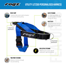 Load image into Gallery viewer, NEW PRODUCT: ROGZ Utility LetzGo Personalised Harness - Medium - Badge Choices: "Always Hungry", "Anxious", "Best Friend", "Bodyguard", "Bok Supporter", "Friendly", "Give Me Space", "In Training", "Do Not Pat", "Working Dog"