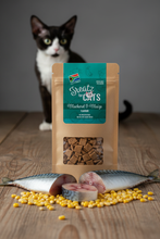Load image into Gallery viewer, Treatz for Cats Mackerel & Maize cat treats 80g lifestyle shot with Devon Rex cat