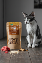 Load image into Gallery viewer, Treatz for Cats Ostrich & Oats cat treats 80g lifestyle shot with Devon Rex cat