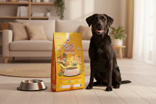 Load image into Gallery viewer, Monty & Me Essential Chicken Recipe adult dog food bag lifestyle photo with black dog in home setting