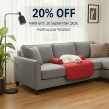 Load image into Gallery viewer, Kunduchi couch cover for cats and small dogs. Bolster sides. Washable. '20% OFF Valid until 30 September 2026 Resting size 42x28cm'.