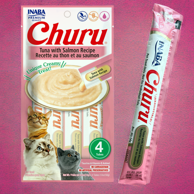 NEW! INABA Churu Cat Treat - Tuna with Salmon Recipe - 4 tubes in one pack