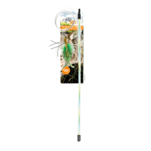 Load image into Gallery viewer, AFP Cat wand with a dragon fly cat toy on the end of the cord  Want is shown on its retail cardboard backing explaining the best benefits of having an interactive toy for your cat.  
