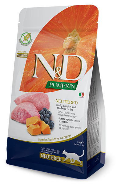 FARMINA N&D PRIME GRAIN-FREE: Adult Cat Food for All Breeds Neutered Lamb, Pumpkin & Blueberry Recipe