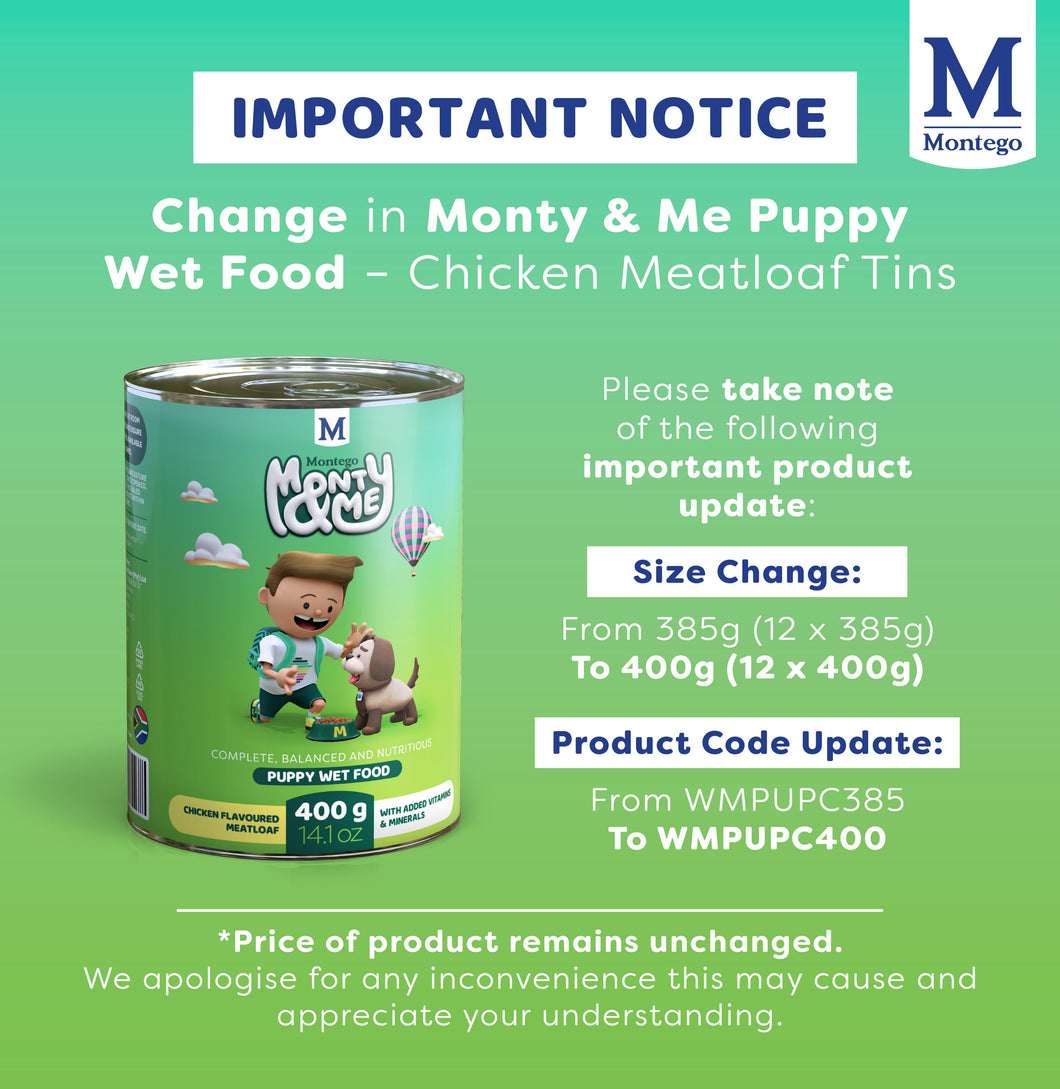Monty & Me:Meatloaf Wet Puppy Food Chicken - 12 x 385g