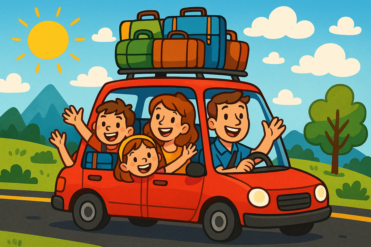 family setting off on holiday in a car done in cartoon style
