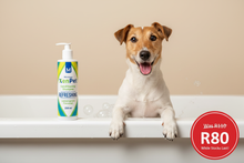 Load image into Gallery viewer, Xenpet Montego Lemongrass &amp; Coconut Conditioning Shampoo - Fox terrier in bath with sale badge R80
