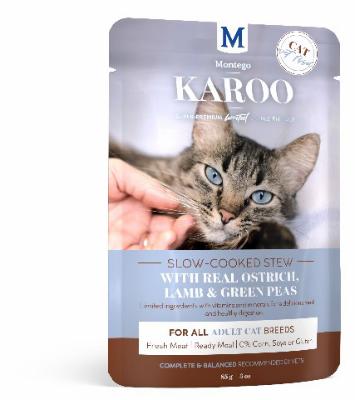 MONTEGO KAROO Wet Adult Cat Food - Ostrich & Peas - 12 x 85g Pouches