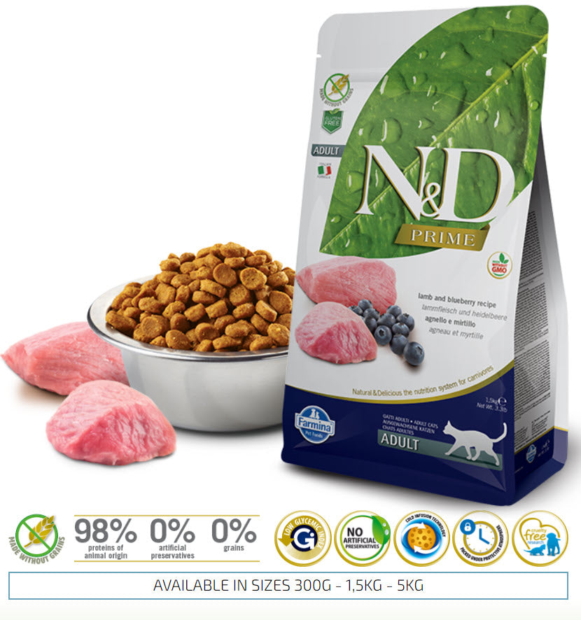 FARMINA N&D PRIME GRAIN-FREE: Adult Cat Food for All Breeds Lamb & Blueberry Recipe