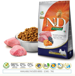 FARMINA N&D PUMPKIN GRAIN-FREE: Adult Dog Food for All Breeds and All Life Stages Italian Lamb and Blueberry.