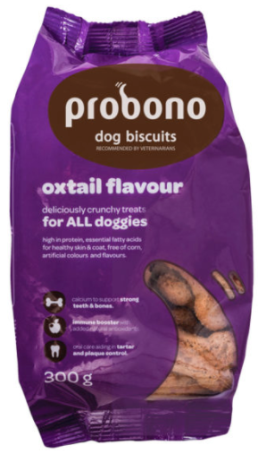 PROBONO Dog Biscuits: Small Pack:  Chicken or Oxtail Flavour Biscuits 300g