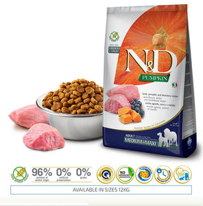 FARMINA N&D PUMPKIN GRAIN-FREE: Adult Dog Food for All Breeds and All Life Stages Italian Lamb and Blueberry.