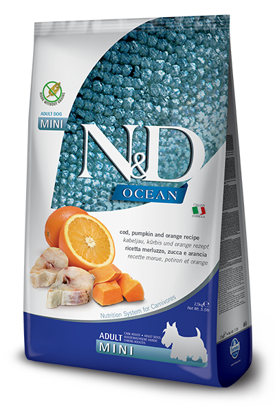 FARMINA N&D OCEAN  Grain-Free Adult Dog Food for All Breeds:  Atlantic Wild Caught Cod, Pumpkin & Orange Recipe